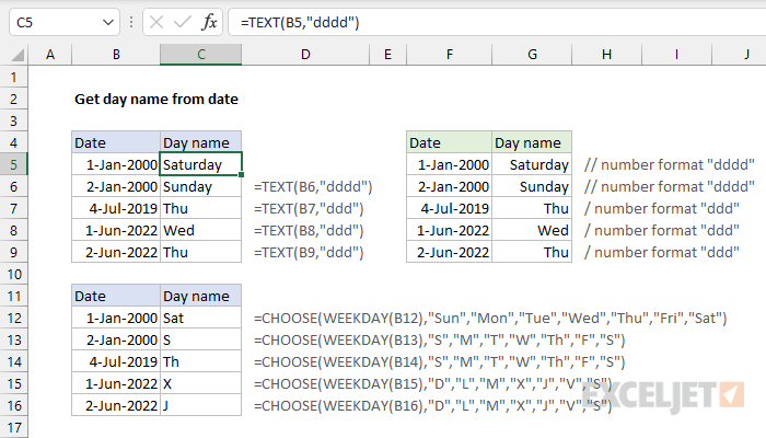 Get day name from date Excel formula Exceljet